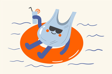 Funny hand drawn illustration of plastic bag swimming in the sea. Can be used to illustrate water pollution problem for kids. Recycle and reuse garbage concept with cute comic character