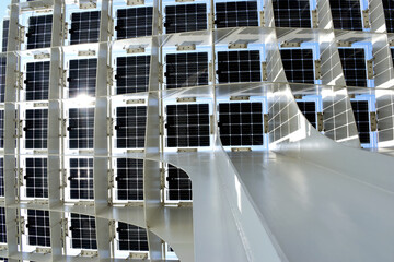 solar panels. PV or photovoltaic cells on top of white steel structure. self sustained lighting....