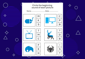 Circle the beginning sound of each picture. Educational game for kids - obrazy, fototapety, plakaty