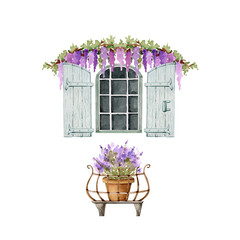 Fototapeta na wymiar vintage window with wooden shutters and flowers, watercolor illustration. 
