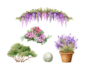 set of garden flowers in pots and plants, watercolor illustration isolated on white background.