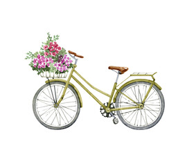 Fototapeta na wymiar green bicycle with a basket of flowers, watercolor illustration.