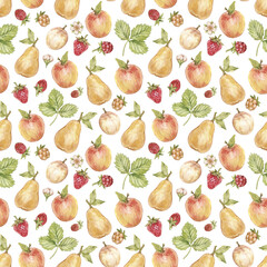 Watercolor seamless pattern with vintage pear, apple, strawberry and leaves. Isolated on white background.