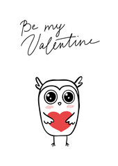 Greeting card template. Cute hand drawn owl holds a heart. Happy Valentines's Day postcard design. Suitable for t-shirt prints, cards or posters. Vector illustration EPS10