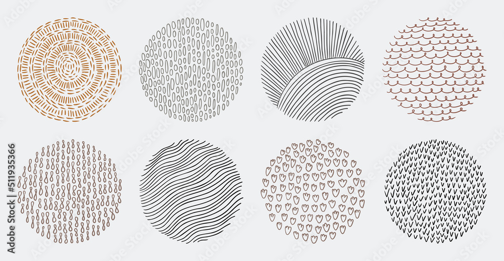 Wall mural set of hand drawn abstract lines and curves patterns. circle doodle background frame elements.