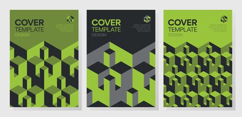 Set of trendy abstract isometric 3d optical illusion geometric shapes cover design. 
