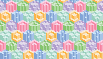 Abstract colorful 3d geometric seamless pattern. Isometric optical illusion modern background.