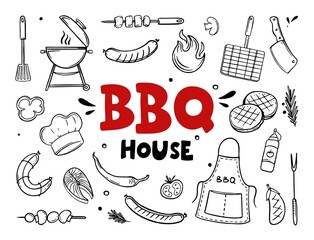 BBQ house hand drawn menu items of restaurant bar cafe Vector illustration of barbecue food doodles