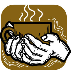 Hands holding coffee cup, Hot drink, tea or cacao for breakfast or take away. Espresso, latte, cappuccino. Hand drawn vintage style illustration. For cafe menu or postcard. Comic cartoon drawing.