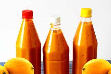 fresh mango pulp or juice or indian traditional recipe aam rus in bottle