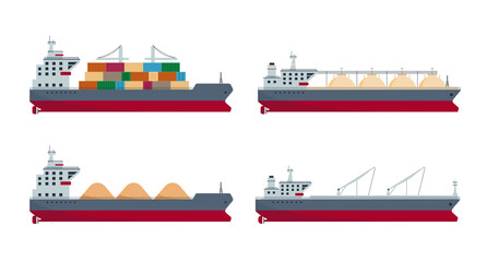 Naklejka premium Set of sea ships. Ocean delivery and shipping boats. Gas, oil tanker and cargo ship. Sea freight transportation or logistic. Vector illustration isolated on white background.