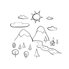 Black and white illustration of nature with mountains. Coloring for kids