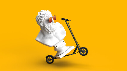 3d render sculpture of a man riding a scooter dynamic background yellow summer background © Роман Мартинюк
