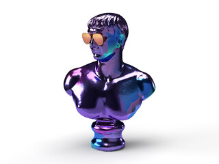 3d render Shiny metal Roman bust of cyberpunk on a white background with glasses