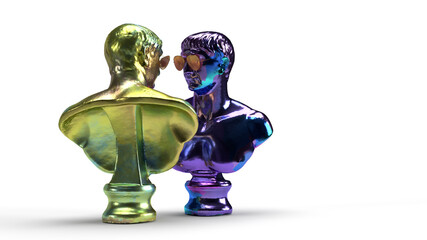 3d render two metal sculptures of men of different colors face each other face to face