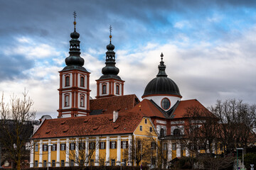 Beautiful view of Mariatrost Basilica on top of Purberg hill on a winter day, pilgrimage church...