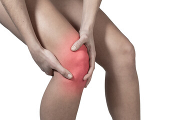 Knee pain with hands covering it. Lateral view