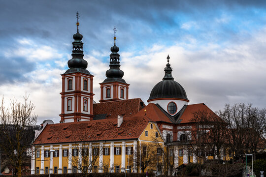 Beautiful view of Mariatrost Basilica on top of Purberg hill on a winter day, pilgrimage church with Baroque style,  in Graz, Styria, Austria