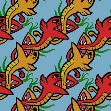 Seamless pattern of orange and red winged snakes in cartoon style. Vector Illustration