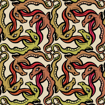a seamless pattern of dragons with a big tongue in cartoon style. Vector illustration