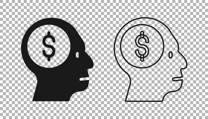 Black Business man planning mind icon isolated on transparent background. Head with dollar. Idea to earn money. Business investment growth. Vector