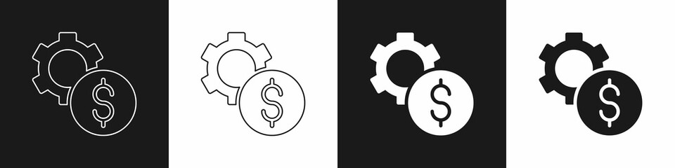 Set Gear with dollar symbol icon isolated on black and white background. Business and finance conceptual icon. Vector
