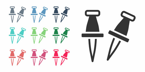 Obraz premium Black Push pin icon isolated on white background. Thumbtacks sign. Set icons colorful. Vector