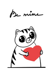Greeting card template. Cute hand drawn cat holds a heart. Happy Valentines's Day postcard design. Suitable for t-shirt prints, cards or posters. Vector illustration EPS10