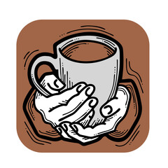 Hands holding coffee cup, Hot drink, tea or cacao for breakfast or take away. Espresso, latte, cappuccino. Hand drawn vintage style illustration. For cafe menu or postcard. Comic cartoon drawing.
