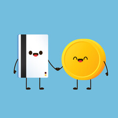 Coin and Credit card character. wallpaper. coin vector. Credit card vector. Credit card and coin mascot.