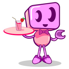 vector illustration of cute pink robot mascot being waiter