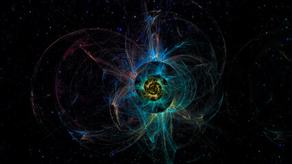 Abstract fractal background with cosmic glow. Colors of rainbow. Horizontal banner. Used for design and creativity, for screensavers.