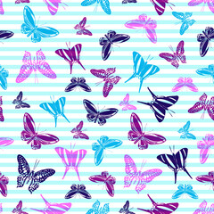 Flying butterfly silhouettes over striped background vector seamless pattern.
