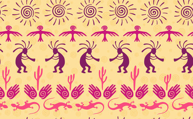 Kokopelli with flute, pangolin, hawk, sun symbol, hands and plant tribal vector seamless pattern.