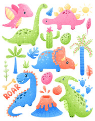 Set of illustrations of cute cartoon dinosaurs