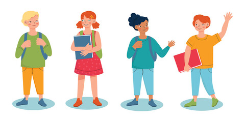Fototapeta premium Children back to school, set of cute characters. Vector illustration in flat style