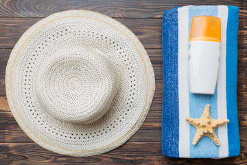 Summer vacation concept flat lay. beach accessories and towel top view. Space for text. travel concept