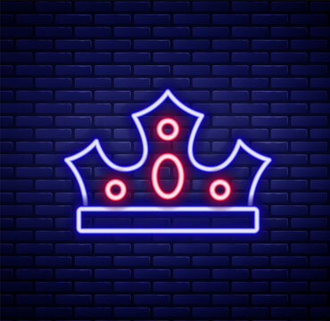 Glowing neon line King crown icon isolated on brick wall background. Colorful outline concept. Vector