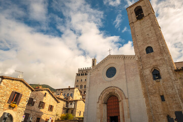 Medieval christian church facade in the old city centre of Gubbio (Umbria Region, central Italy). Is world famous as one of the city were lived St. Francis (Christian Italy’s Saint Patron). 