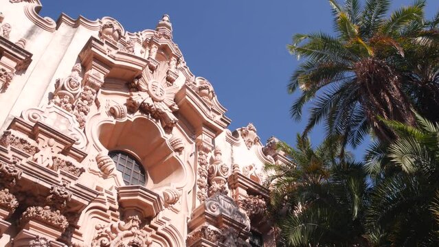 Spanish colonial revival architecture in Balboa Park, San Diego, California USA. Historic building in classic baroque or rococo romance style. Casa or old castle ornamental stucco decor, antique art.