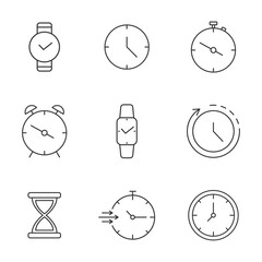 Time line icon set. Timer, stopwatch, alarm thin label. Clock stroke symbol. Calendar date. Watch outline pictogram. Speed 24 hour. Business deadline. Hourglass tag. Management. Vector illustration