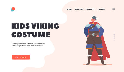 Fototapeta na wymiar Kids Viking Costume Landing Page Template. Boy Character Wear Horned Helmet, Boots and Cape. Child in Scandinavian Suit