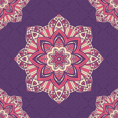 Seamless vector color pattern with mandala. Abstract oriental mandala background. Vintage decorative elements. Islam, Arabic, Indian, ottoman motifs. Purple, red colors. For textile, fabric and paper.