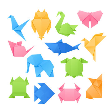 Set of Origami Animals, Crane, Owl, Swan and Butterfly, Mouse, Shark and Elephant. Turtle, Crab, Fish and Fox Characters