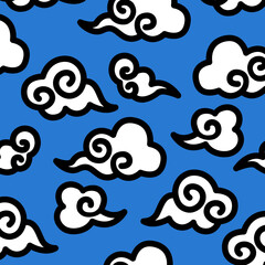 Pattern with white clouds on blue background.