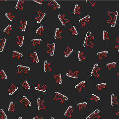 Line Christmas santa claus sleigh icon isolated seamless pattern on black background. Merry Christmas and Happy New Year. Vector