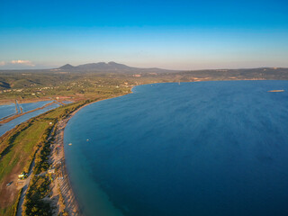 Panoramic aerial view over Divari beach near Navarino bay, Gialova. It is one of the best beaches in mediterranean Europe. Beautiful lagoon near Voidokilia from a high point of view, Messinia, Greece