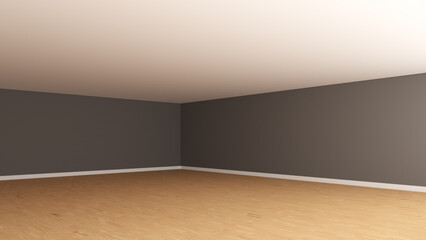 Corner of the Room with a Dark Grey Wall, White Ceiling, Light Parquet Flooring and a White Plinth. Unfurnished Empty Interior. Perspective View. 3d illustration, Ultra HD 8K, 7680x4320, 300 dpi