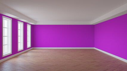 Empty Interior, Room with Pink Walls, White Ceiling and Cornice, Three Large Windows, Glossy Herringbone Parquet Floor and a White Plinth. Beautiful Room Concept, 3d Rendering. 8K Ultra HD, 7680x4320