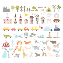 Fototapeta premium Cute vector set with different elements for landscape creator. Houses, castle, church, trees, cars, mountains, animals